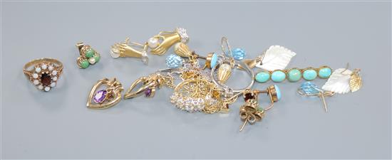 Mixed jewellery including a 9ct gold, garnet and white opal ring, a platinum and solitaire diamond ring, earrings etc.